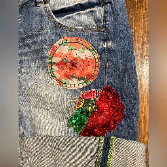 Desigual Blue Embroidered & Patchwork Boho Denim Shorts - Picture 4 of 10